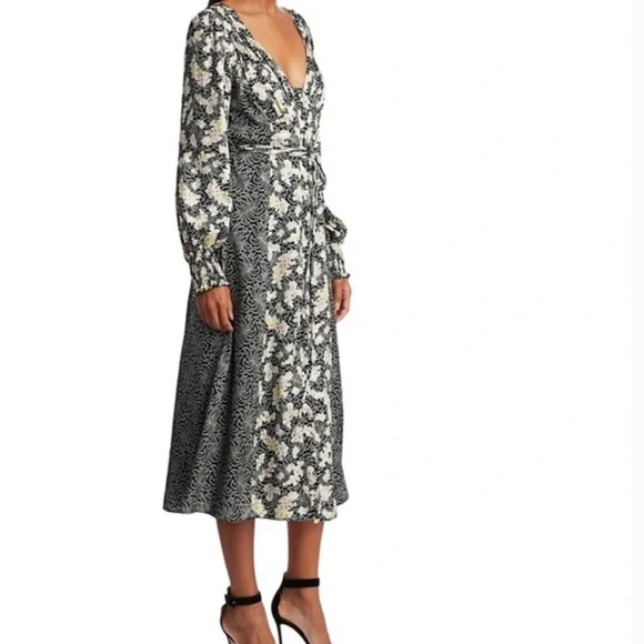 ❤️ CINQ A SEPT WOMENS MIXED PRINT DOUBLE V MIDI DRESS NWOT - Picture 3 of 13